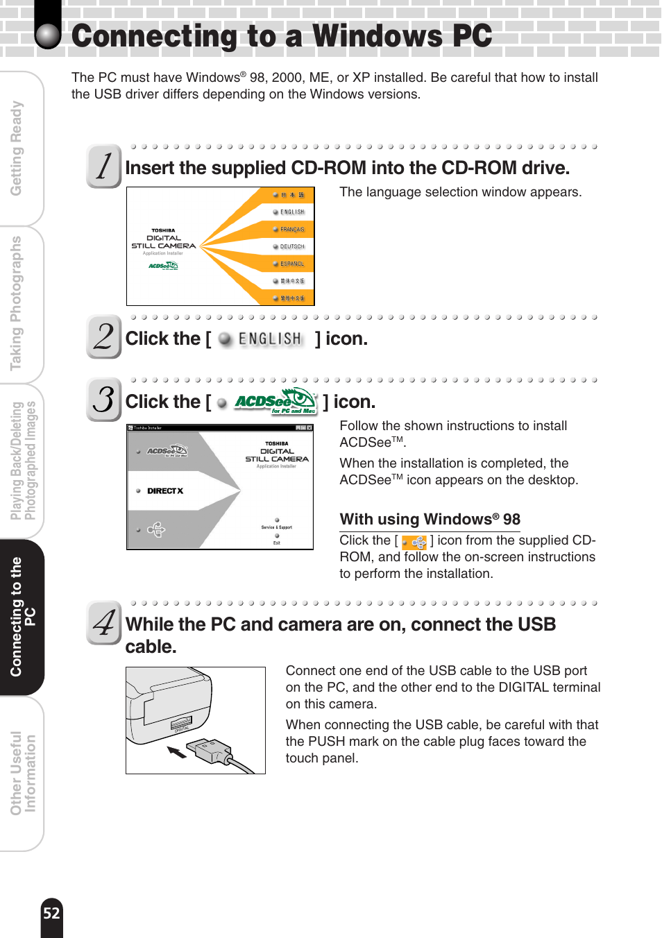 Connecting to a windows pc, Insert the supplied cd-rom into the cd-rom drive, Click the [ ] icon. click the [ ] icon | Toshiba PDR-T20 User Manual | Page 52 / 70