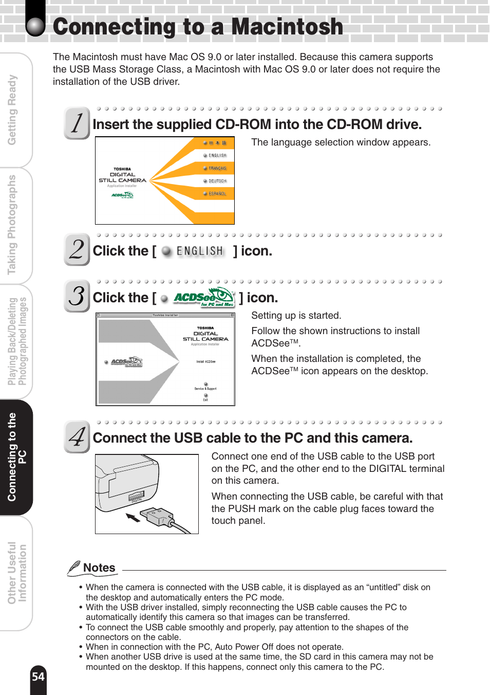 Connecting to a macintosh, Insert the supplied cd-rom into the cd-rom drive, Click the [ ] icon. click the [ ] icon | Connect the usb cable to the pc and this camera | Toshiba PDR-T20 User Manual | Page 54 / 70