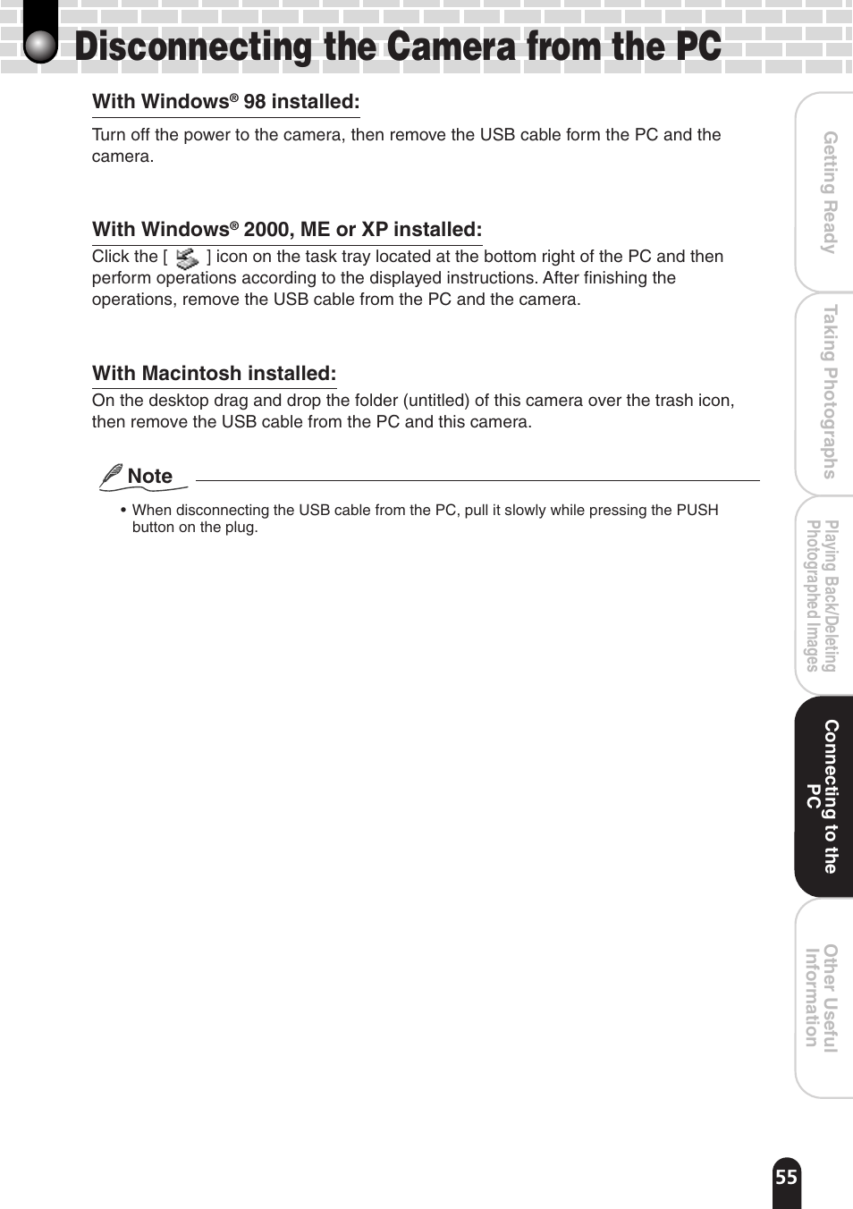 Disconnecting the camera from the pc | Toshiba PDR-T20 User Manual | Page 55 / 70