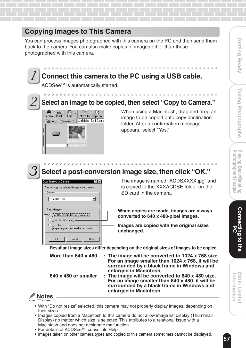 Copying images to this camera, Connect this camera to the pc using a usb cable | Toshiba PDR-T20 User Manual | Page 57 / 70