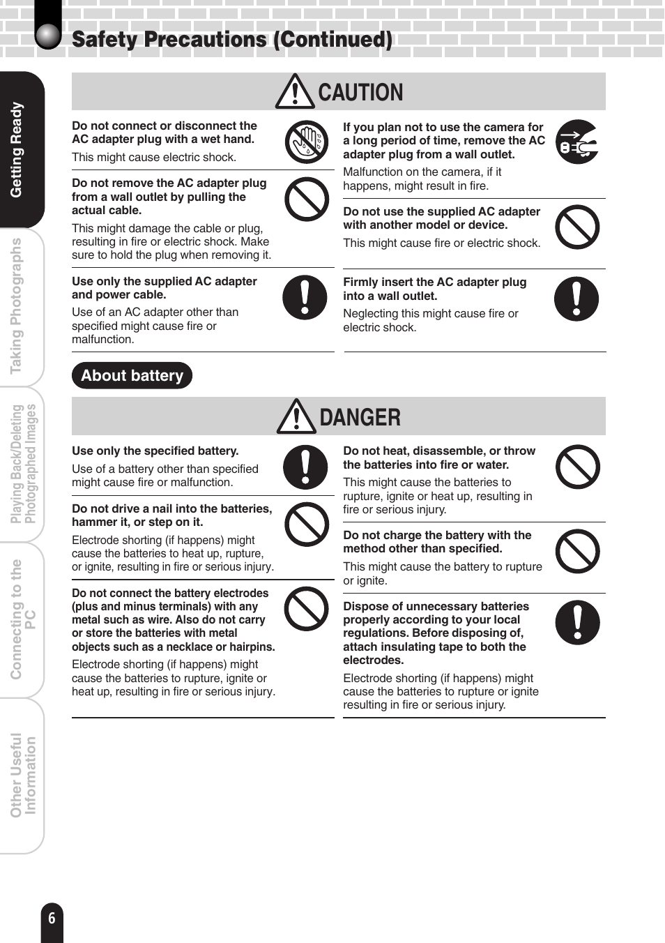 Danger, Caution, Safety precautions (continued) | Toshiba PDR-T20 User Manual | Page 6 / 70