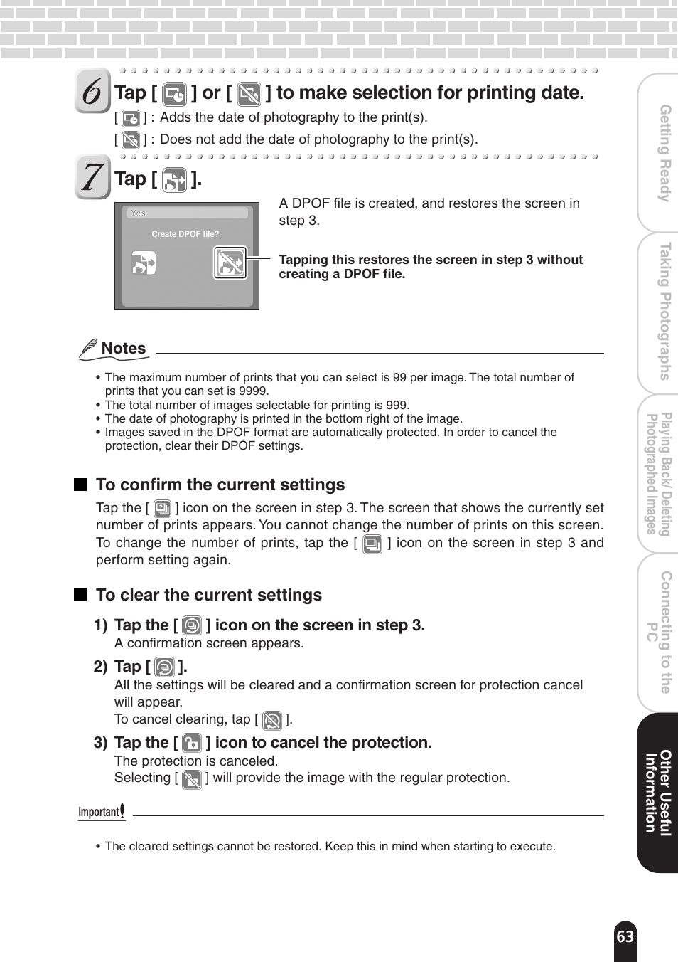 Tap [ ] or [ ] to make selection for printing date | Toshiba PDR-T20 User Manual | Page 63 / 70