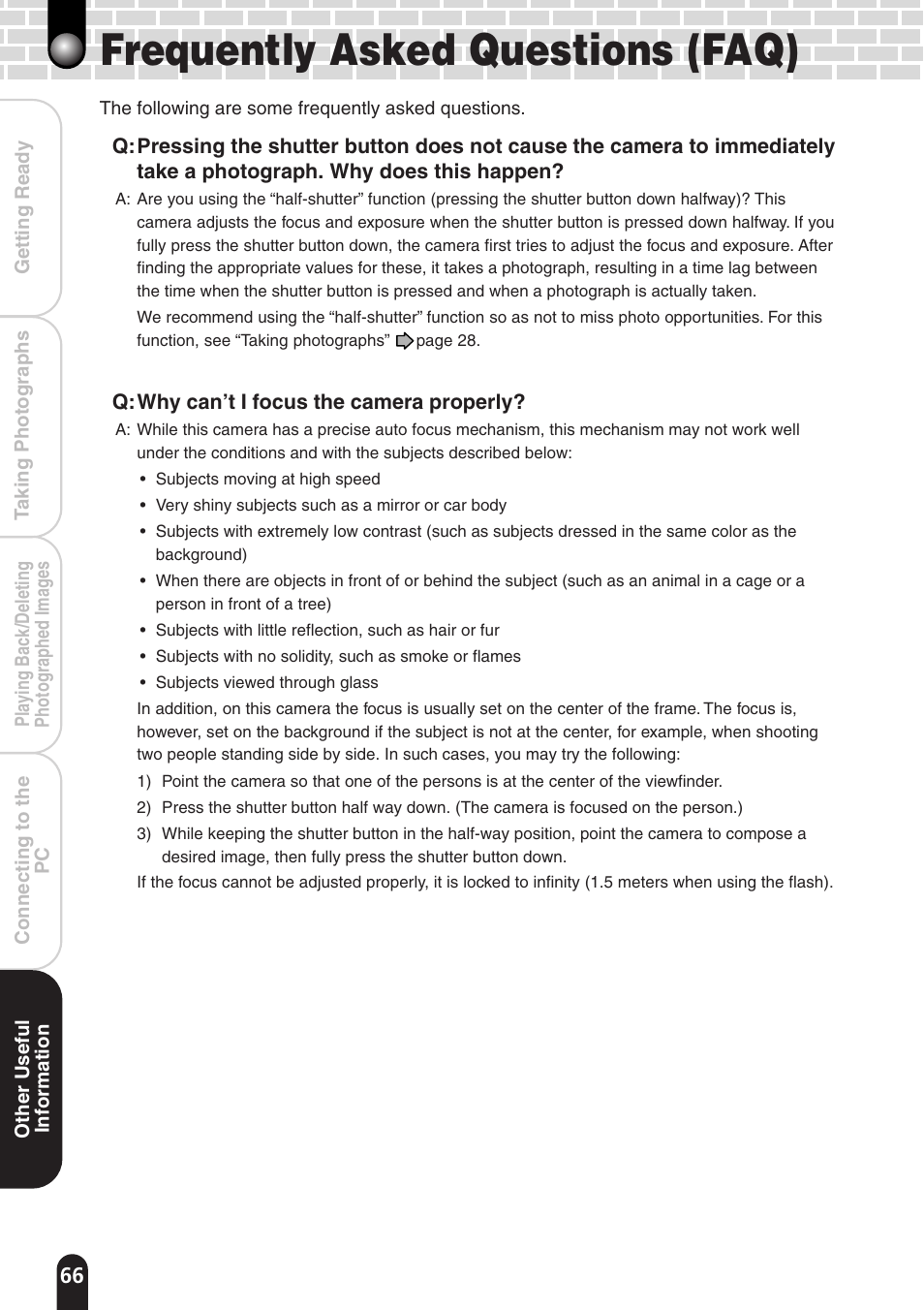 Frequently asked questions (faq) | Toshiba PDR-T20 User Manual | Page 66 / 70