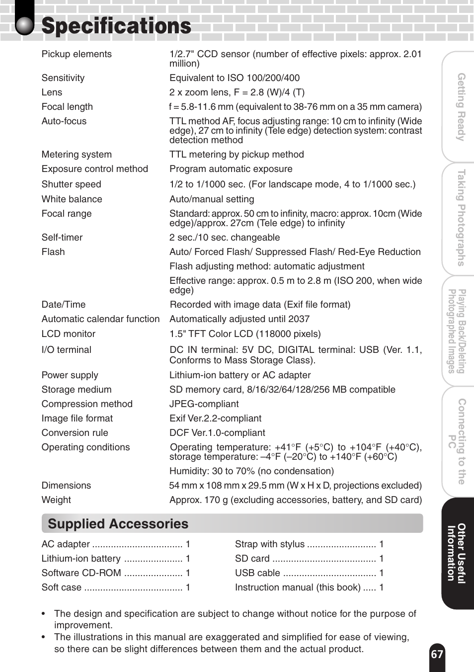 Specifications, Supplied accessories | Toshiba PDR-T20 User Manual | Page 67 / 70