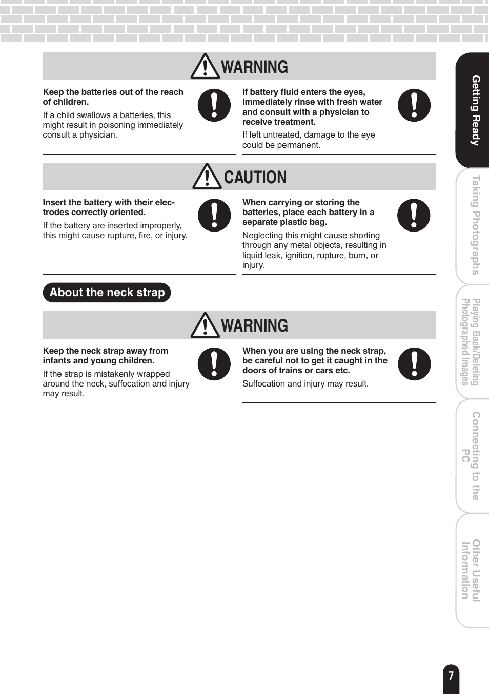 Warning caution, Warning | Toshiba PDR-T20 User Manual | Page 7 / 70