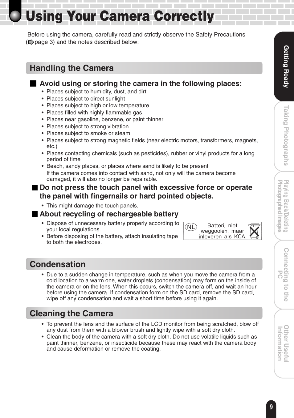 Using your camera correctly, Handling the camera, Condensation | Cleaning the camera | Toshiba PDR-T20 User Manual | Page 9 / 70
