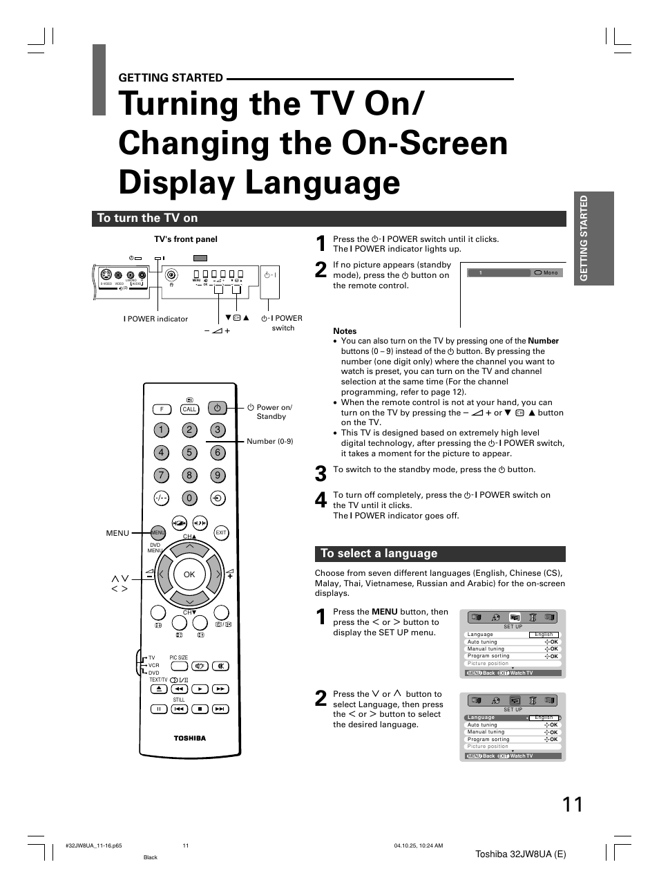 Getting started | Toshiba 32JW8UA User Manual | Page 11 / 32