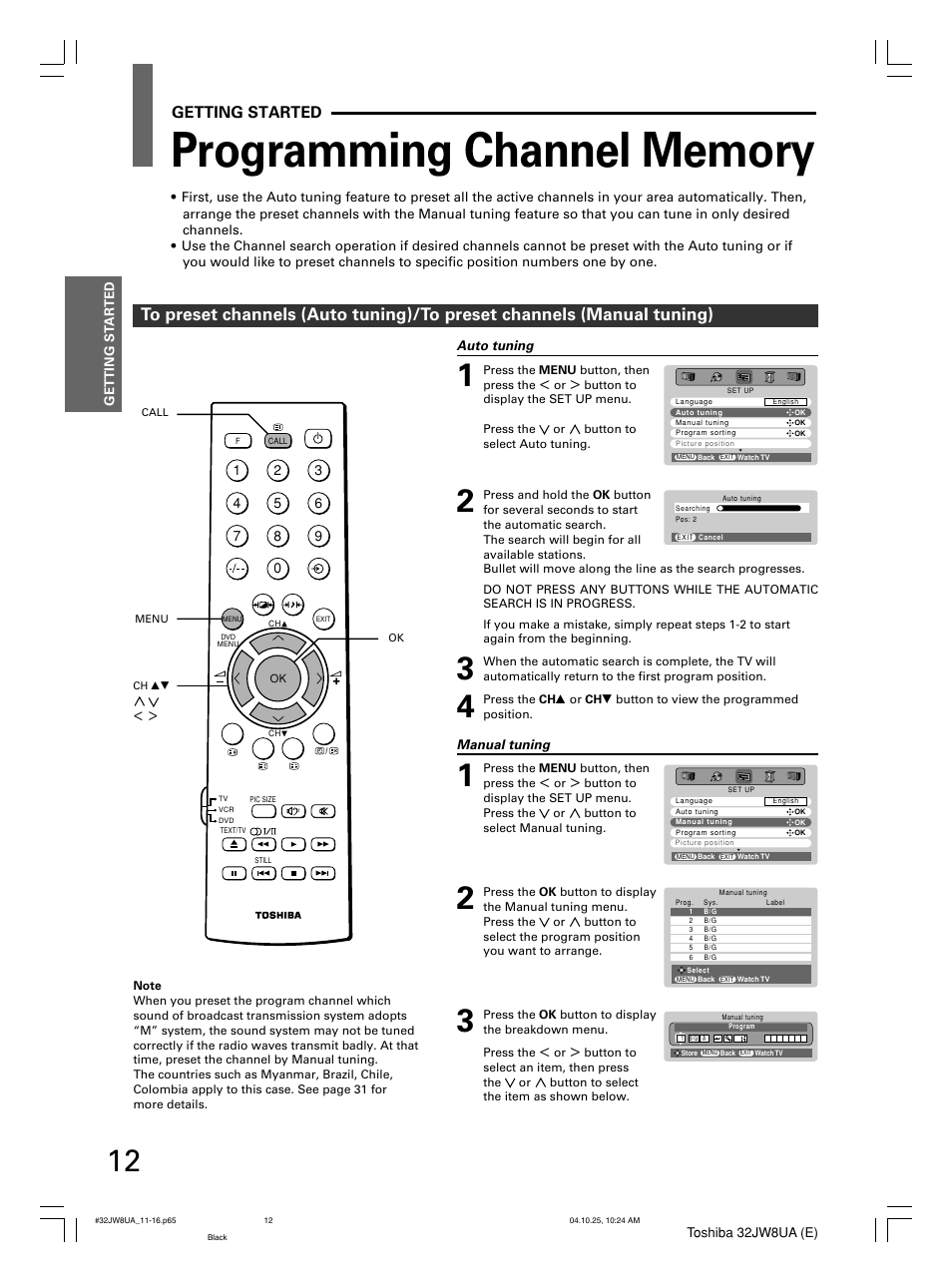 Getting started | Toshiba 32JW8UA User Manual | Page 12 / 32