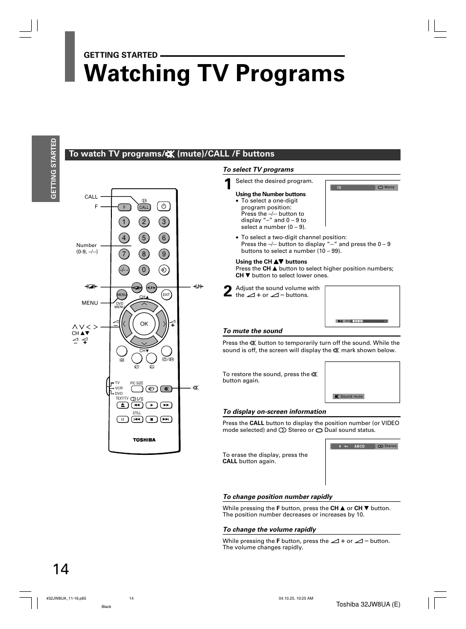 Watching tv programs, Getting started | Toshiba 32JW8UA User Manual | Page 14 / 32