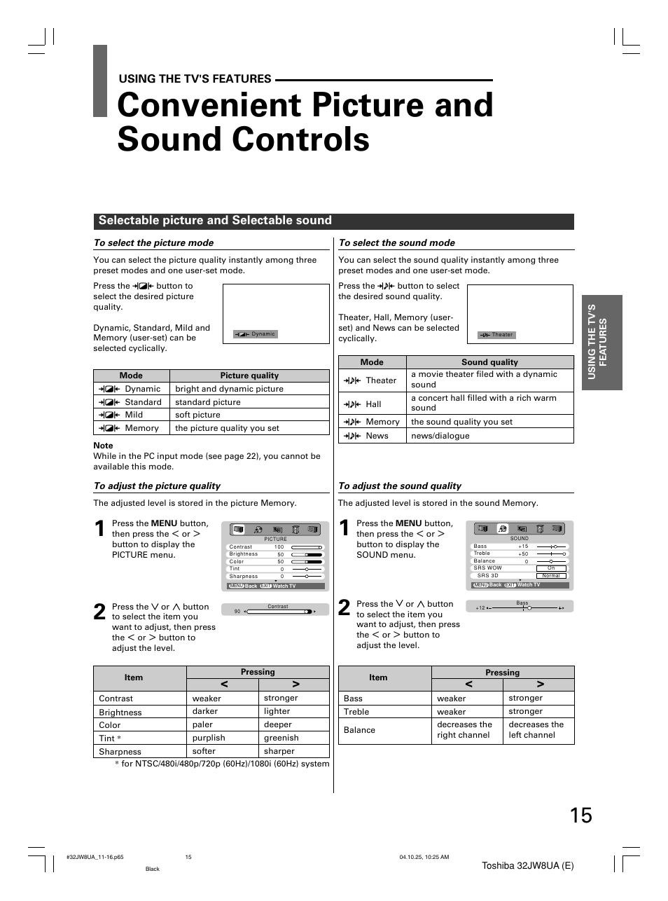 Convenient picture and sound controls, Selectable picture and selectable sound, Using the tv's features | Toshiba 32JW8UA User Manual | Page 15 / 32