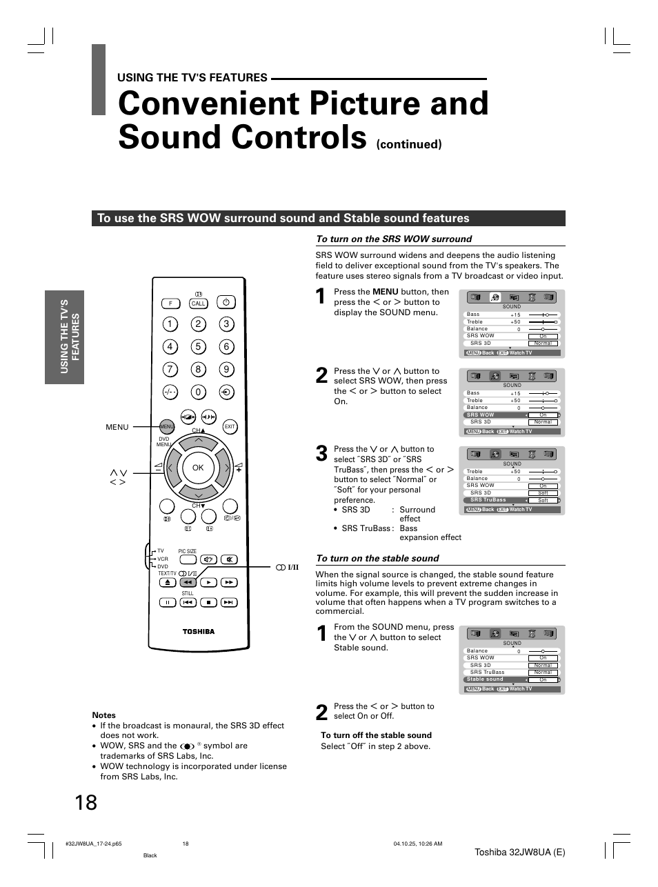 Convenient picture and sound controls, Continued), Using the tv's features | Toshiba 32JW8UA User Manual | Page 18 / 32