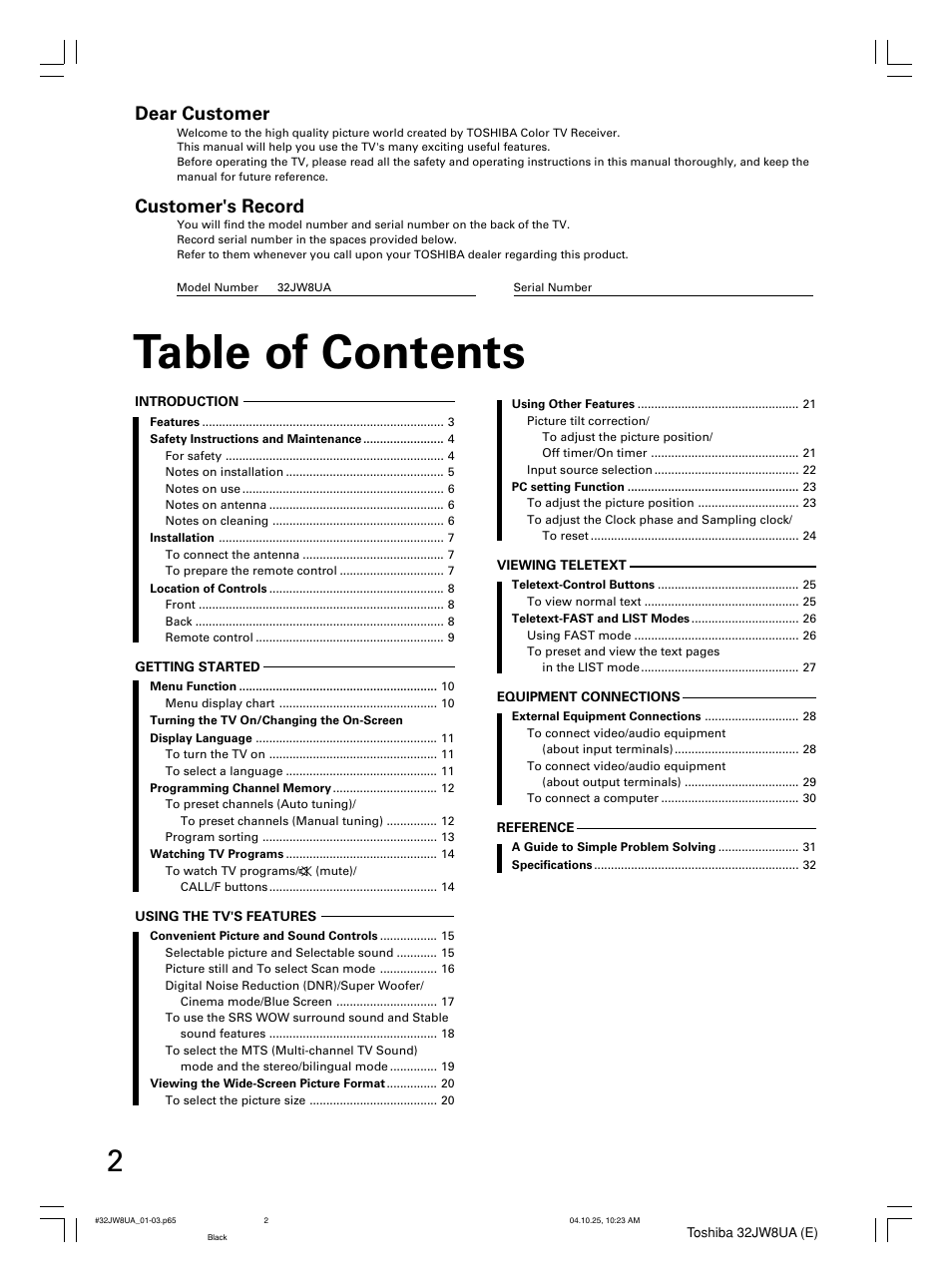 Toshiba 32JW8UA User Manual | Page 2 / 32