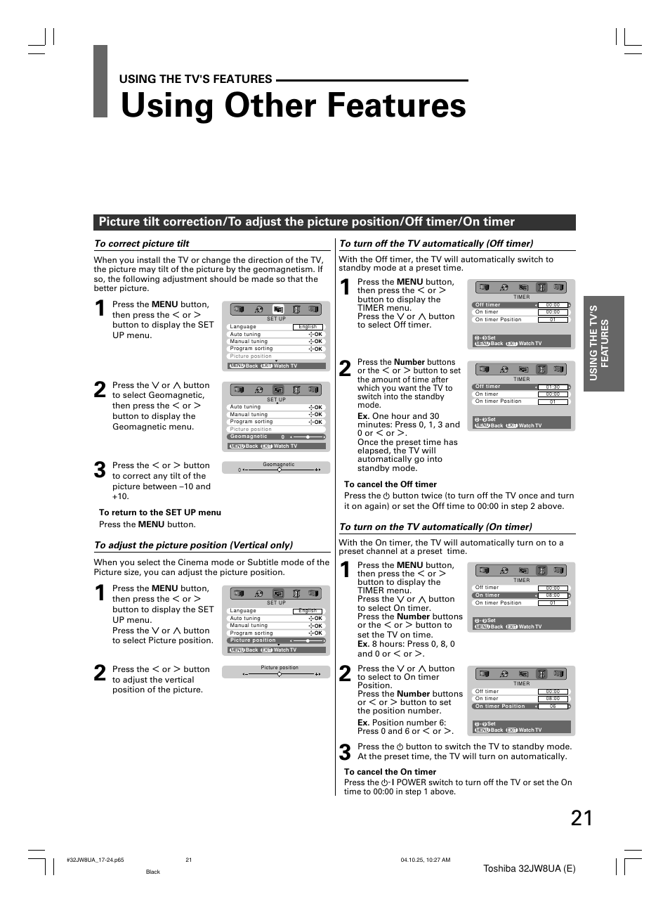 Using other features, Using the tv's features | Toshiba 32JW8UA User Manual | Page 21 / 32