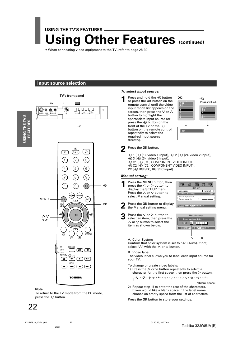 Using other features, Input source selection, Continued) | Using the tv's features | Toshiba 32JW8UA User Manual | Page 22 / 32