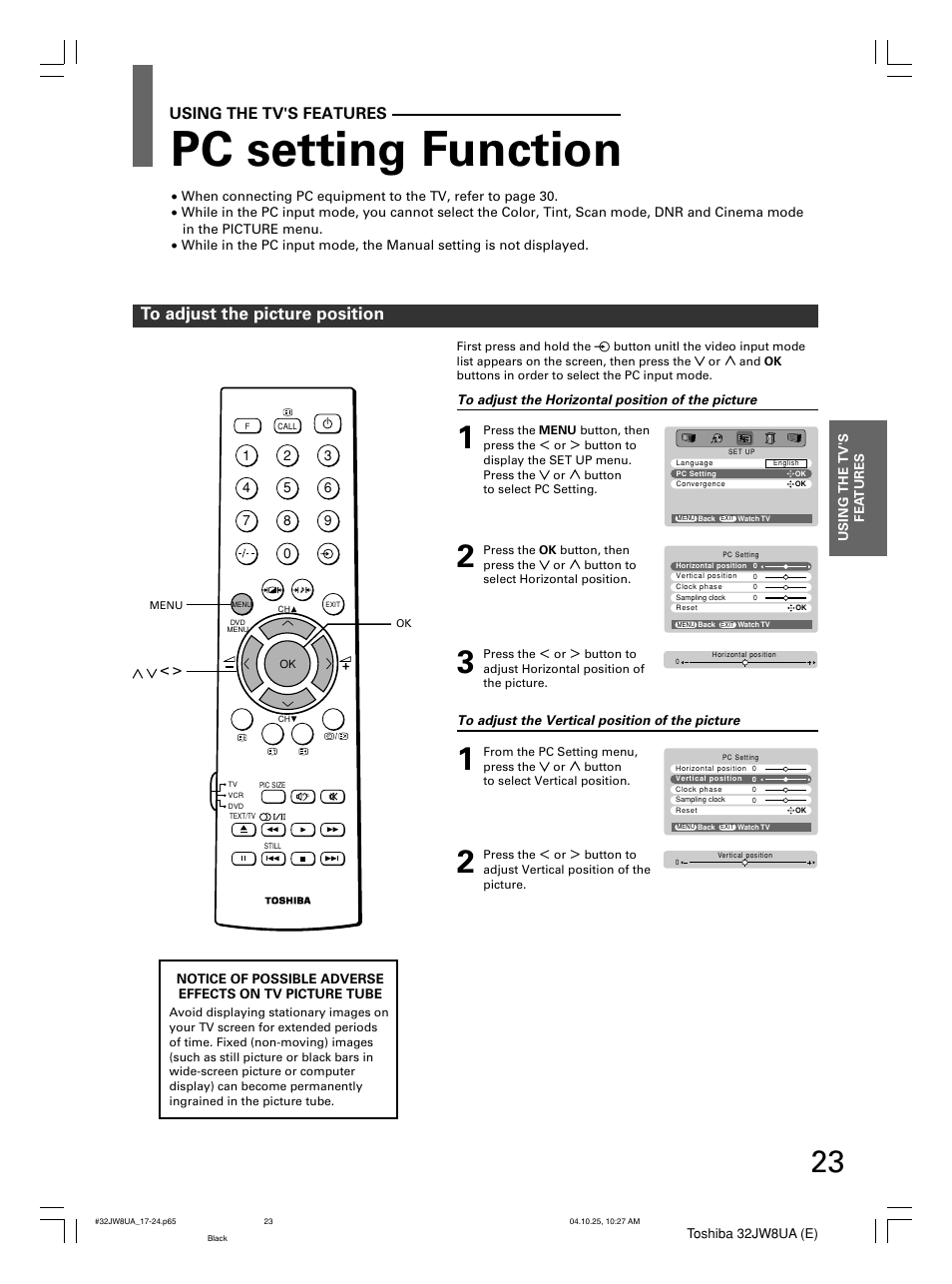 Pc setting function, Using the tv's features | Toshiba 32JW8UA User Manual | Page 23 / 32