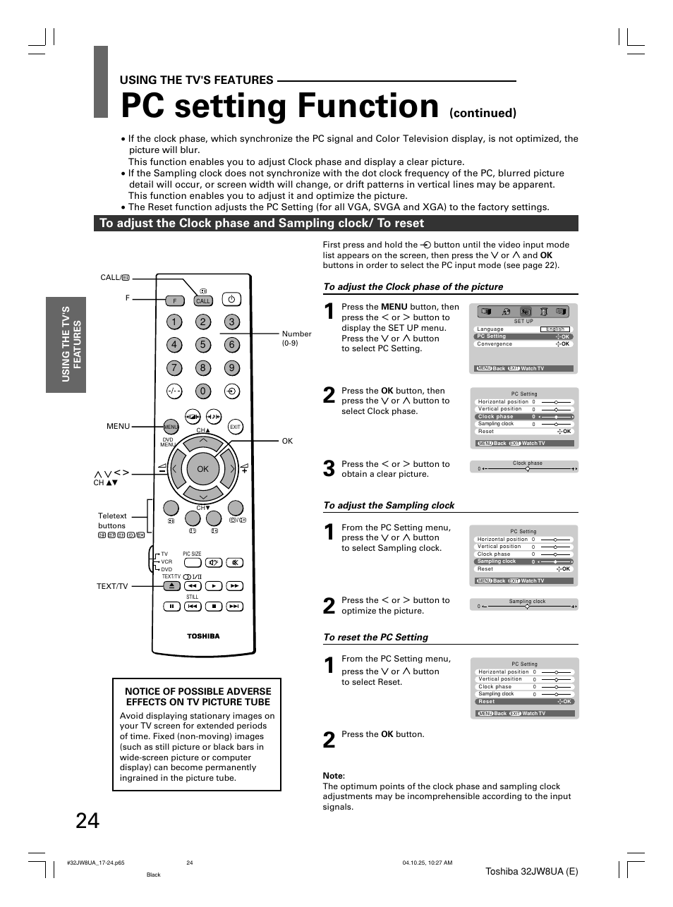 Pc setting function, Continued), Using the tv's features | Toshiba 32JW8UA User Manual | Page 24 / 32