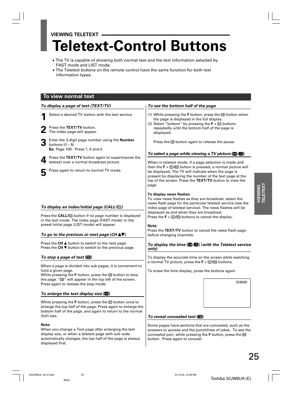 Teletext-control buttons | Toshiba 32JW8UA User Manual | Page 25 / 32