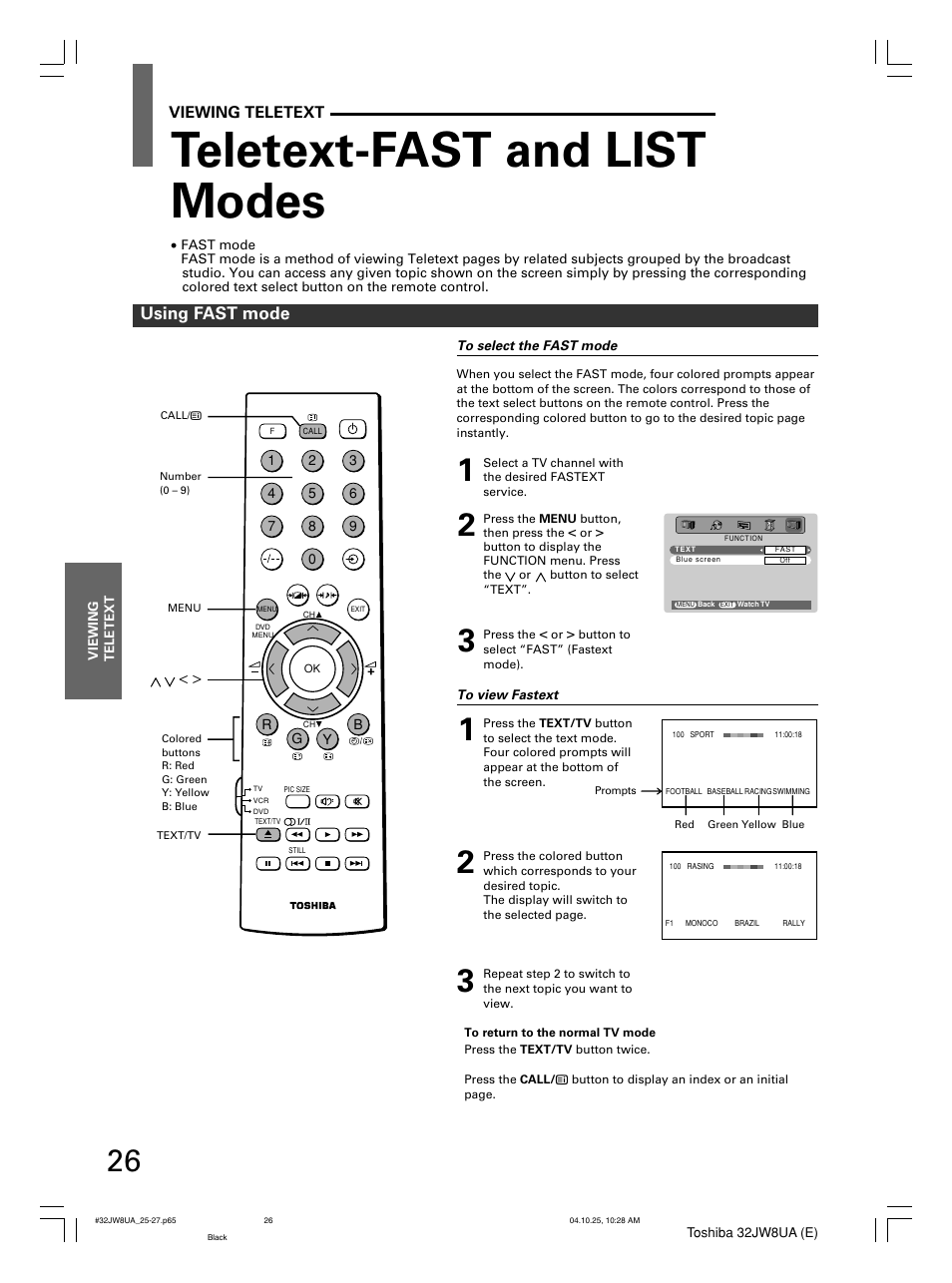 Teletext-fast and list modes, Using fast mode, Viewing teletext | Toshiba 32JW8UA User Manual | Page 26 / 32