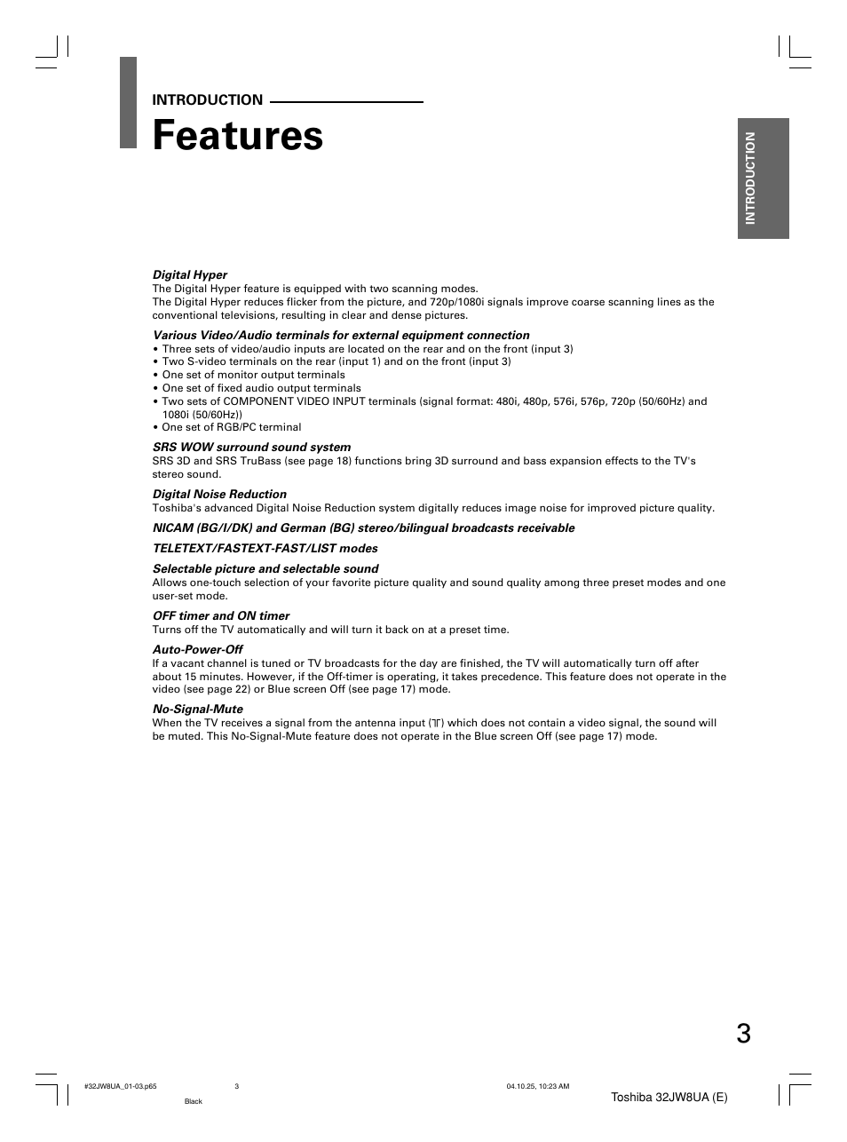 Features | Toshiba 32JW8UA User Manual | Page 3 / 32