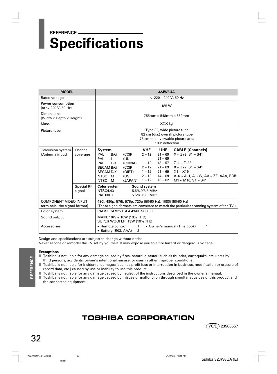 Specifications, Toshiba corporation | Toshiba 32JW8UA User Manual | Page 32 / 32