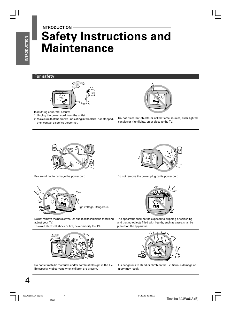 Safety instructions and maintenance | Toshiba 32JW8UA User Manual | Page 4 / 32