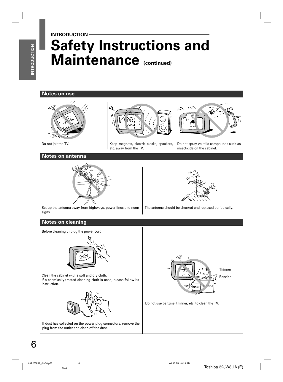 Safety instructions and maintenance | Toshiba 32JW8UA User Manual | Page 6 / 32