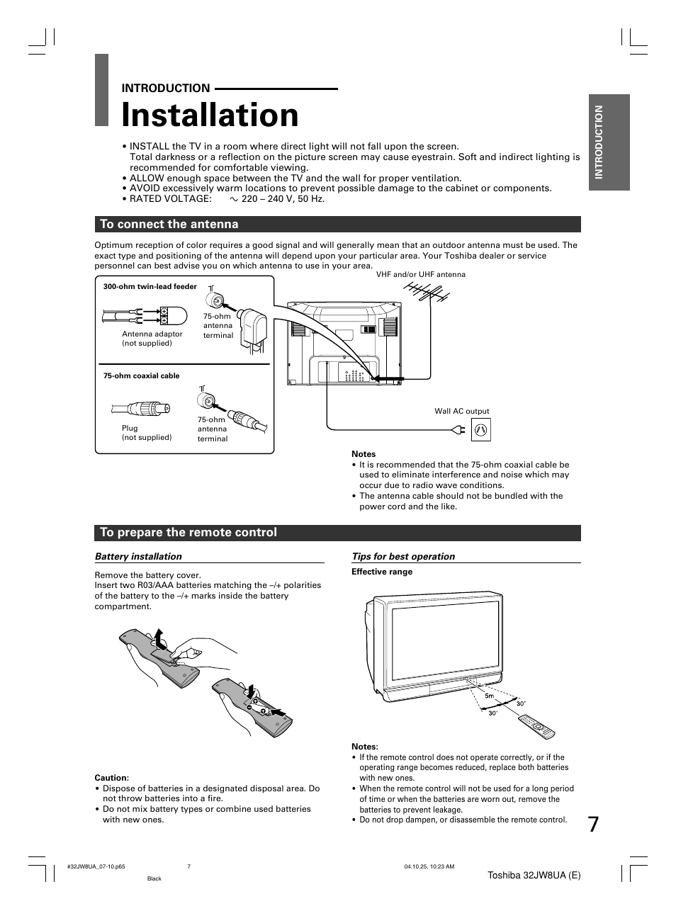 Installation | Toshiba 32JW8UA User Manual | Page 7 / 32