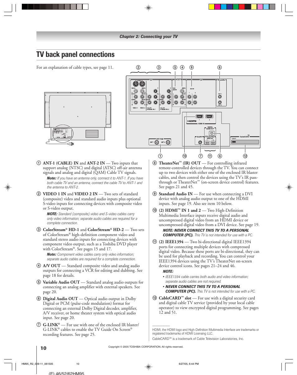 Tv back panel connections | Toshiba DLP 52HM95 User Manual | Page 10 / 112