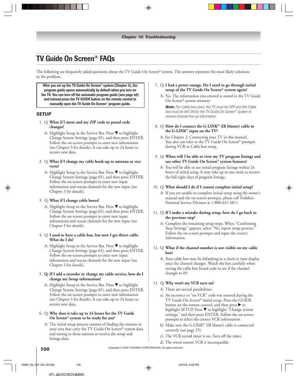 Tv guide on screen, Faqs | Toshiba DLP 52HM95 User Manual | Page 100 / 112