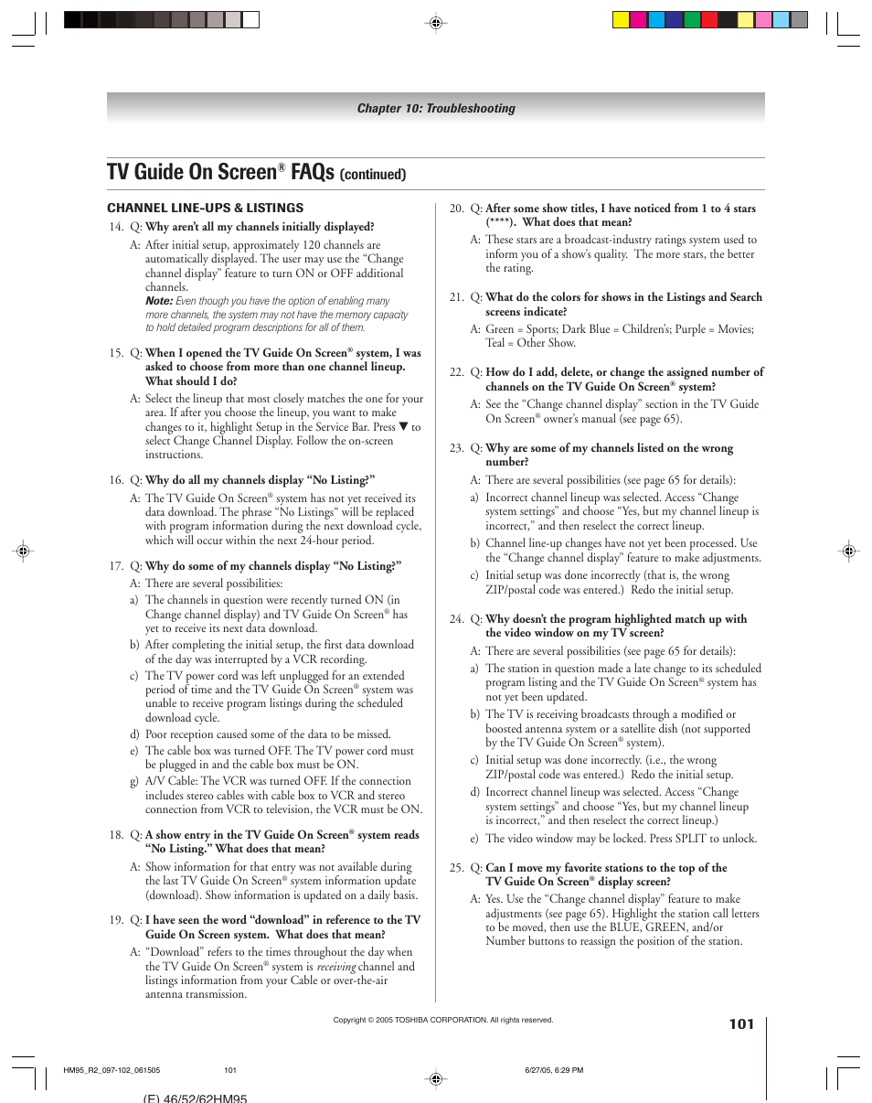 Tv guide on screen, Faqs, Continued) | Toshiba DLP 52HM95 User Manual | Page 101 / 112