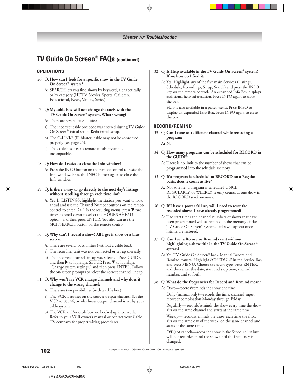 Tv guide on screen, Faqs | Toshiba DLP 52HM95 User Manual | Page 102 / 112