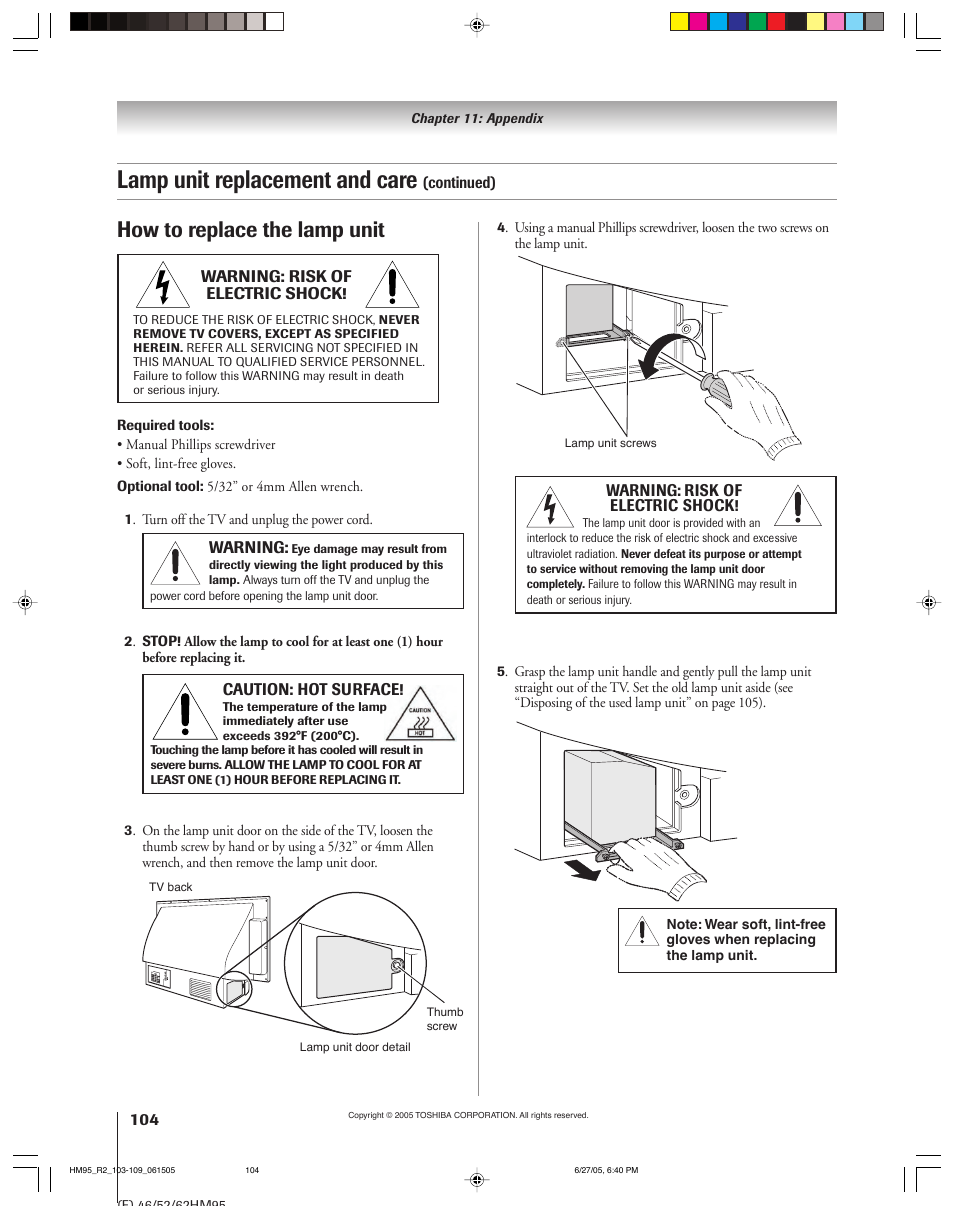 Lamp unit replacement and care, How to replace the lamp unit | Toshiba DLP 52HM95 User Manual | Page 104 / 112