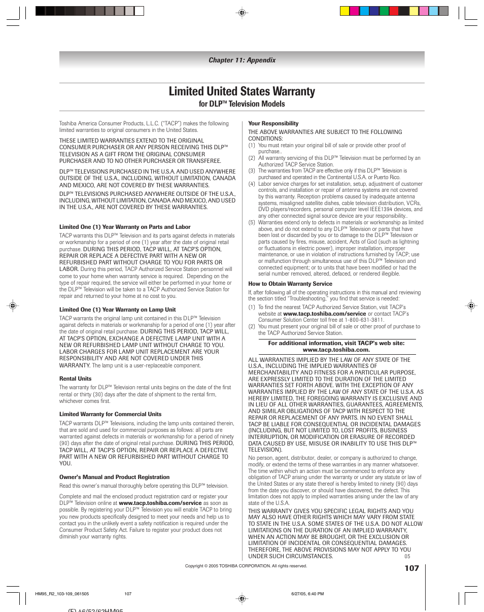 Limited united states warranty, For dlp™ television models | Toshiba DLP 52HM95 User Manual | Page 107 / 112