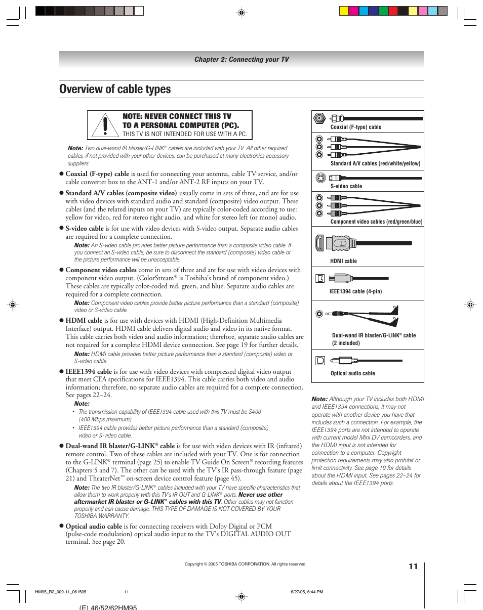 Overview of cable types | Toshiba DLP 52HM95 User Manual | Page 11 / 112