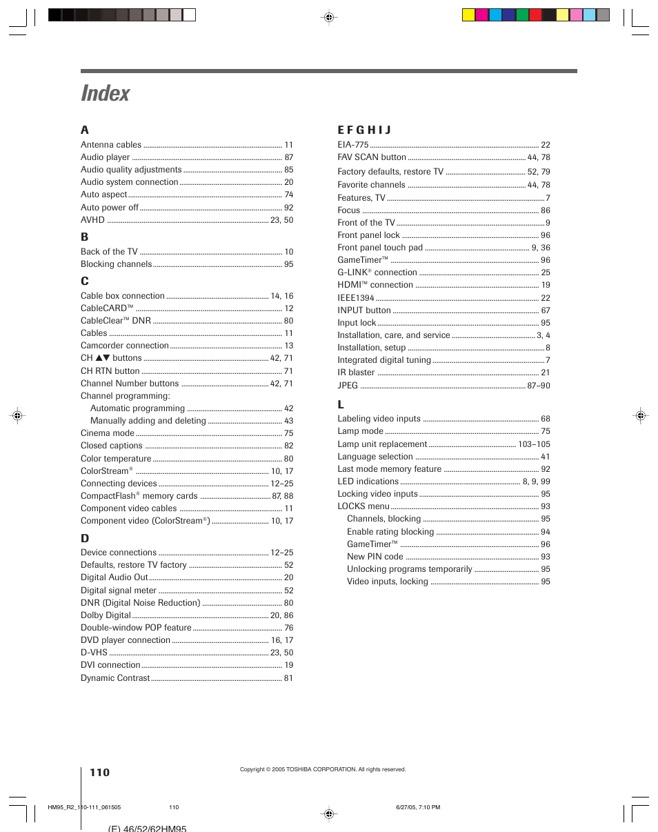 Index | Toshiba DLP 52HM95 User Manual | Page 110 / 112