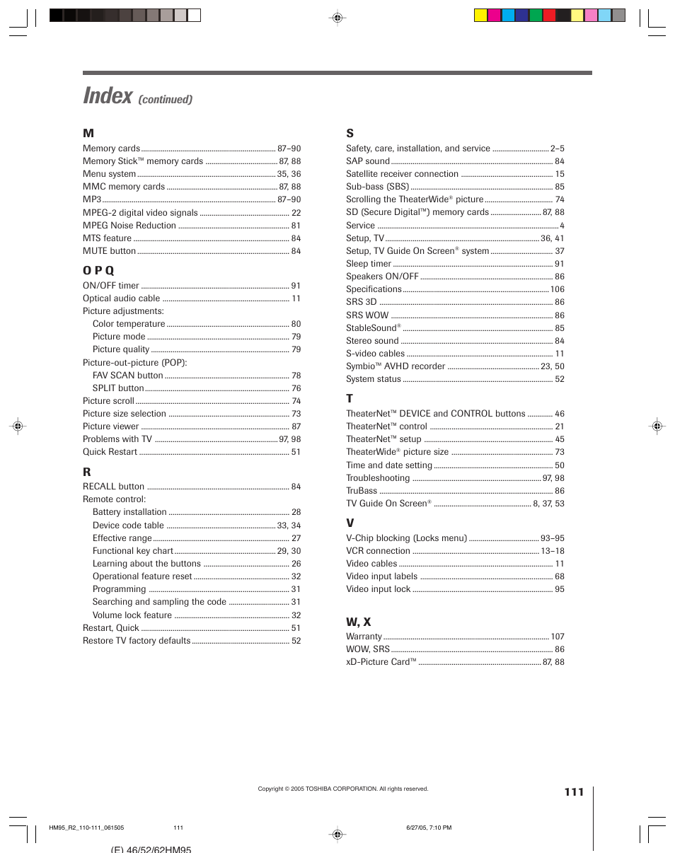 Index | Toshiba DLP 52HM95 User Manual | Page 111 / 112