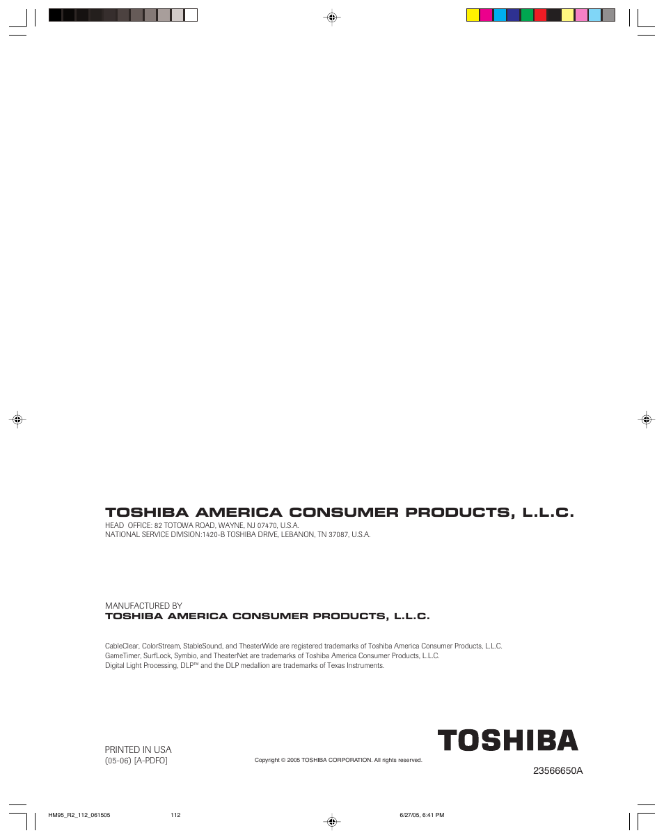 Toshiba america consumer products, l.l.c | Toshiba DLP 52HM95 User Manual | Page 112 / 112