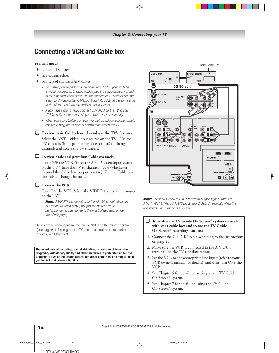 Connecting a vcr and cable box | Toshiba DLP 52HM95 User Manual | Page 14 / 112