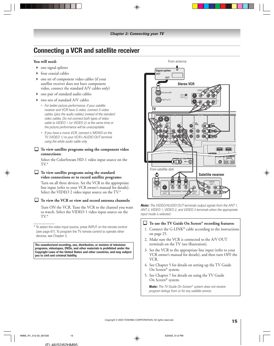 Connecting a vcr and satellite receiver, Recording features: 1. connect the g-link, System | Toshiba DLP 52HM95 User Manual | Page 15 / 112