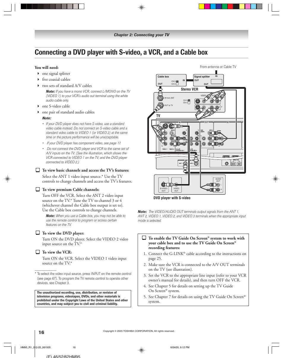 Recording features: 1. connect the g-link, System | Toshiba DLP 52HM95 User Manual | Page 16 / 112