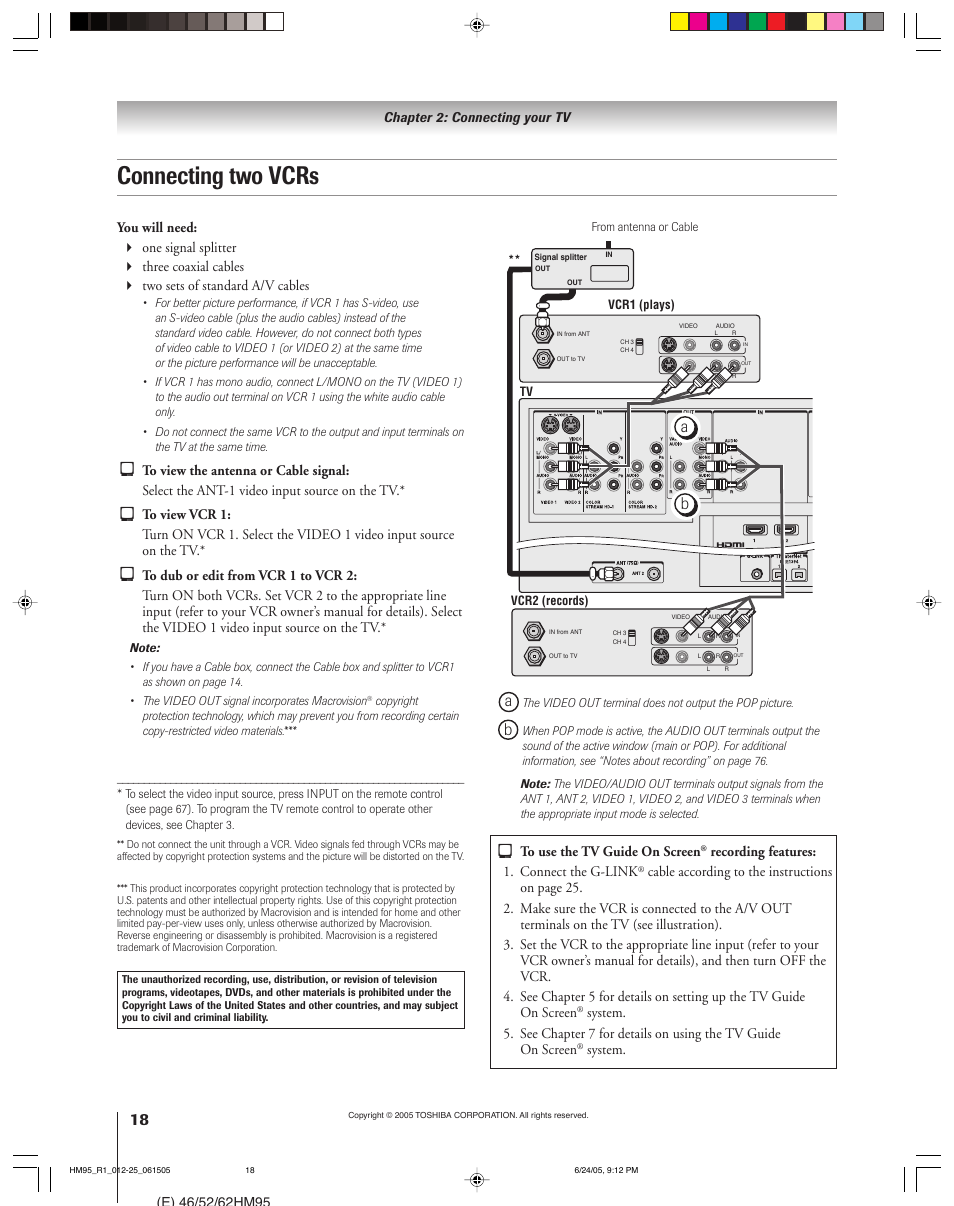 Connecting two vcrs, Recording features: 1. connect the g-link, System | Toshiba DLP 52HM95 User Manual | Page 18 / 112