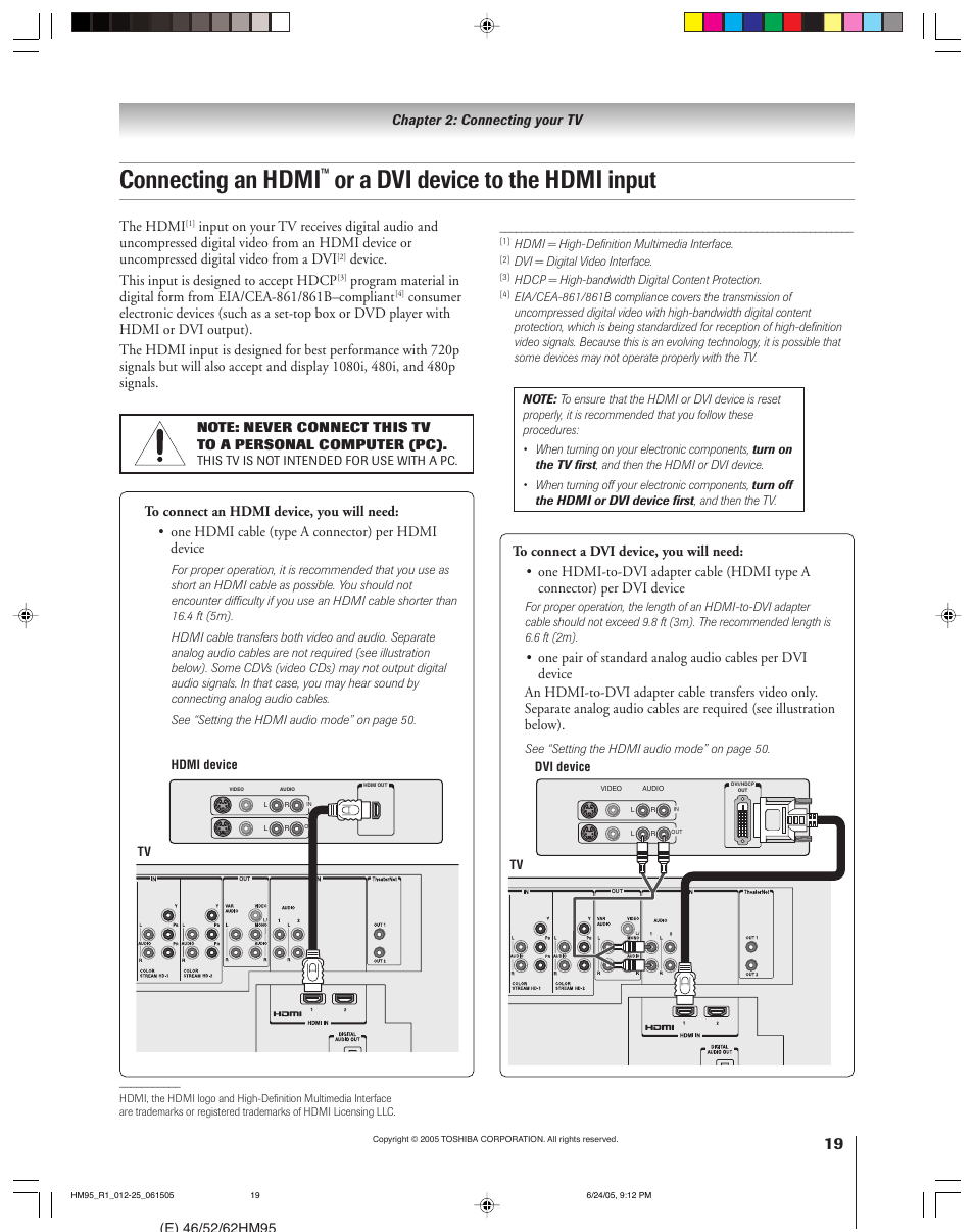 Connecting an hdmi, Or a dvi device to the hdmi input, The hdmi | Device. this input is designed to accept hdcp | Toshiba DLP 52HM95 User Manual | Page 19 / 112