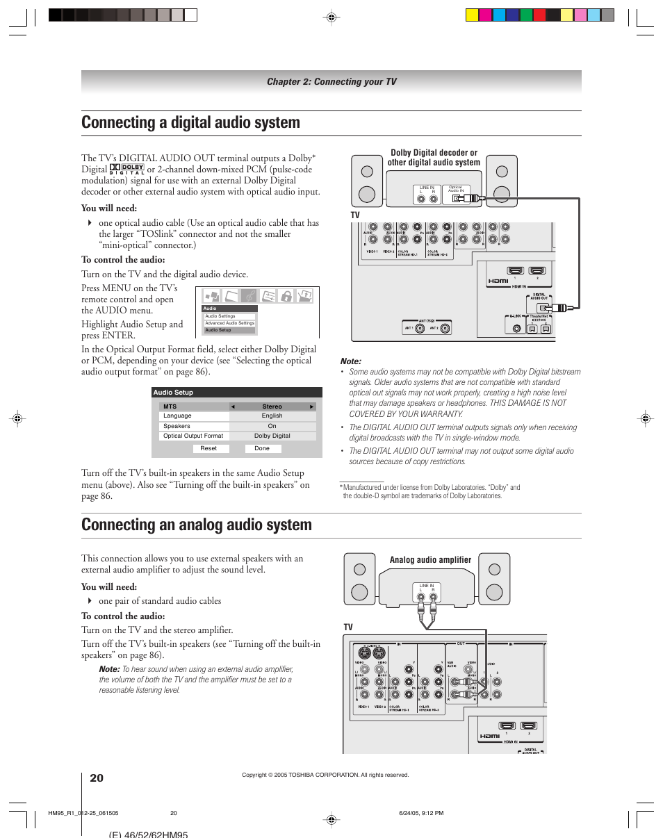 Connecting a digital audio system, Connecting an analog audio system | Toshiba DLP 52HM95 User Manual | Page 20 / 112