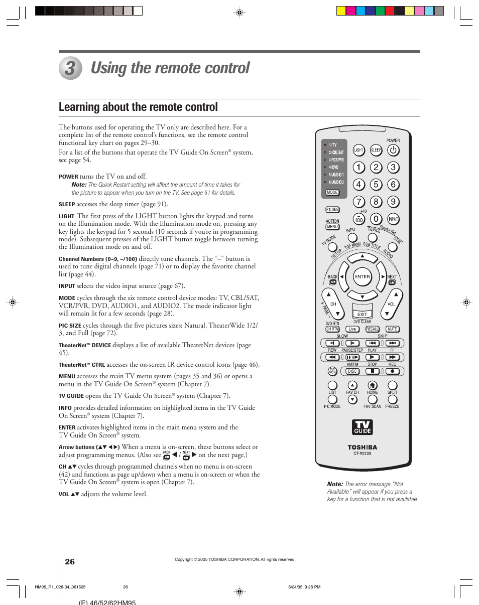 Using the remote control, Learning about the remote control | Toshiba DLP 52HM95 User Manual | Page 26 / 112