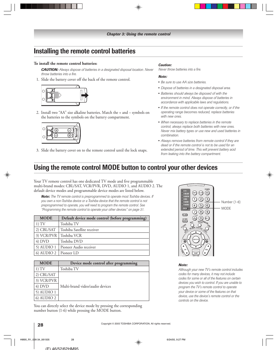 Installing the remote control batteries | Toshiba DLP 52HM95 User Manual | Page 28 / 112