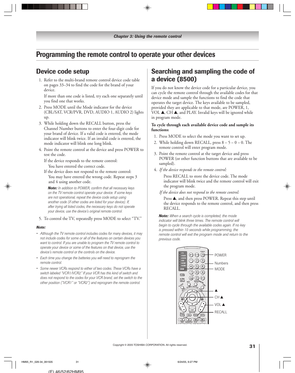 Searching and sampling the code of a device (8500), Device code setup | Toshiba DLP 52HM95 User Manual | Page 31 / 112