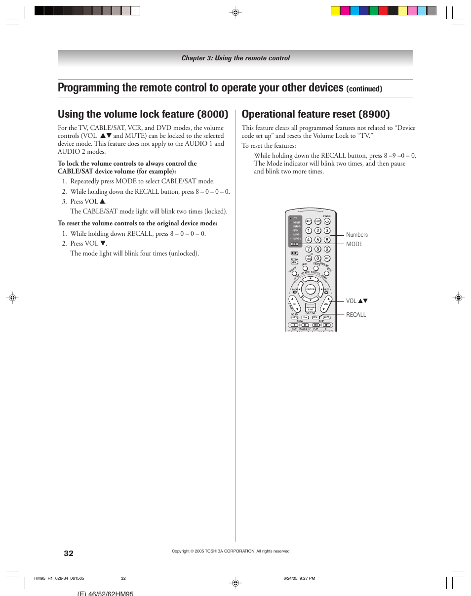 Operational feature reset (8900), Using the volume lock feature (8000) | Toshiba DLP 52HM95 User Manual | Page 32 / 112