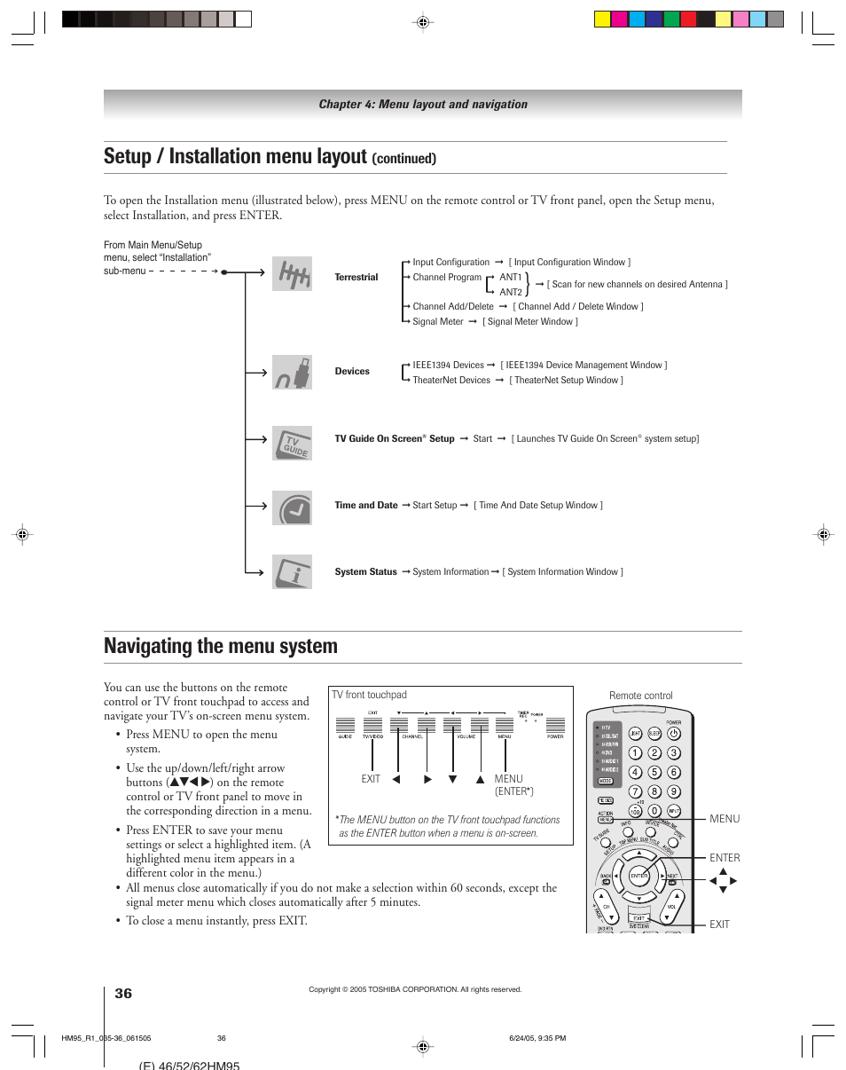 Navigating the menu system, Setup / installation menu layout, Continued) | Toshiba DLP 52HM95 User Manual | Page 36 / 112