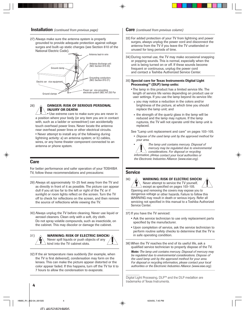 Installation, Care, Service | Toshiba DLP 52HM95 User Manual | Page 4 / 112