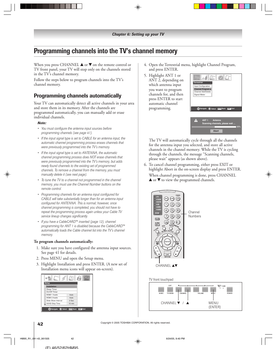 Programming channels automatically | Toshiba DLP 52HM95 User Manual | Page 42 / 112